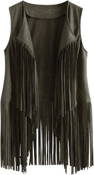 Trendy Faux Suede Fringe Jacket for Women 70s Hippie Cardigans Vest Motorcycle Tassels Sleeveless Coats
