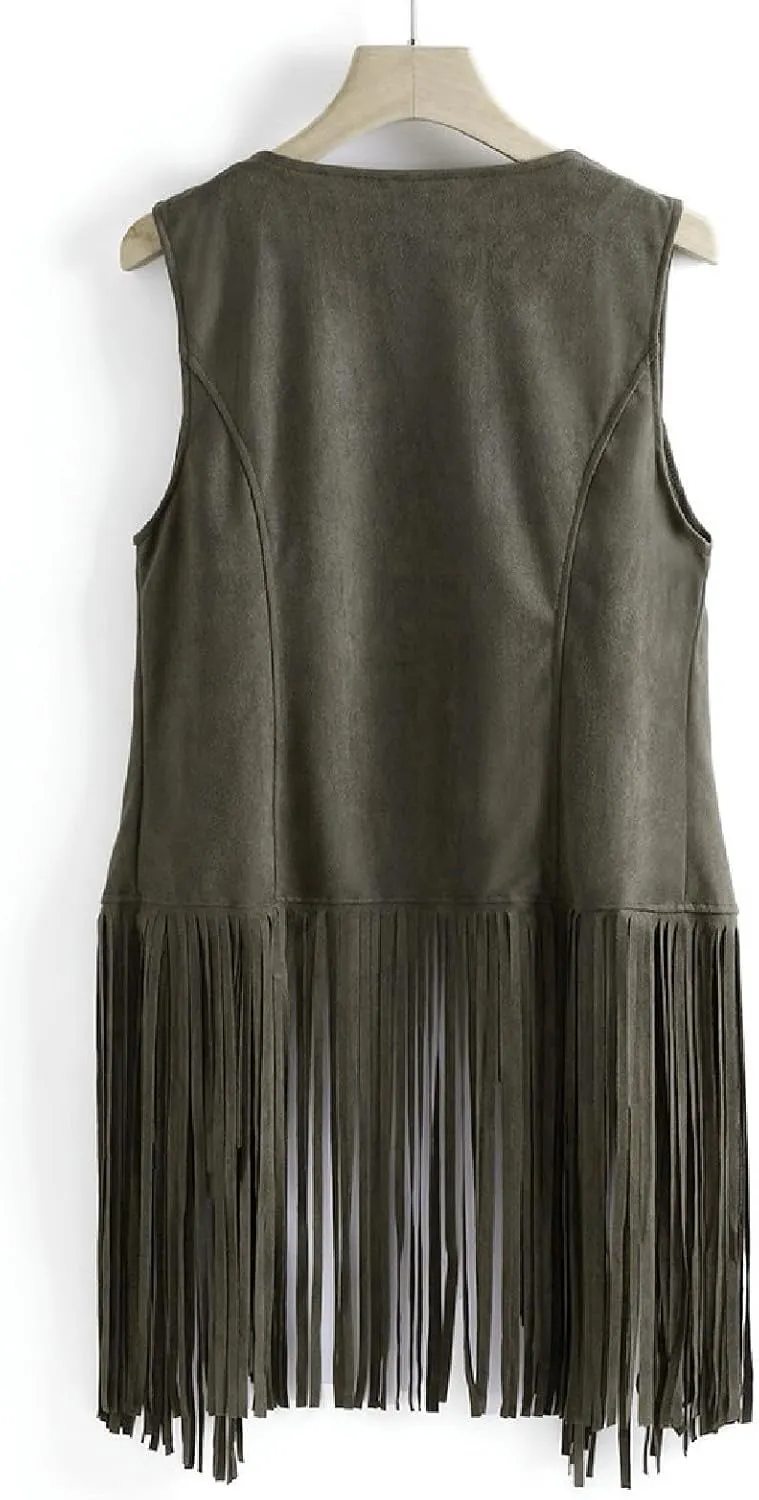 Trendy Faux Suede Fringe Jacket for Women 70s Hippie Cardigans Vest Motorcycle Tassels Sleeveless Coats