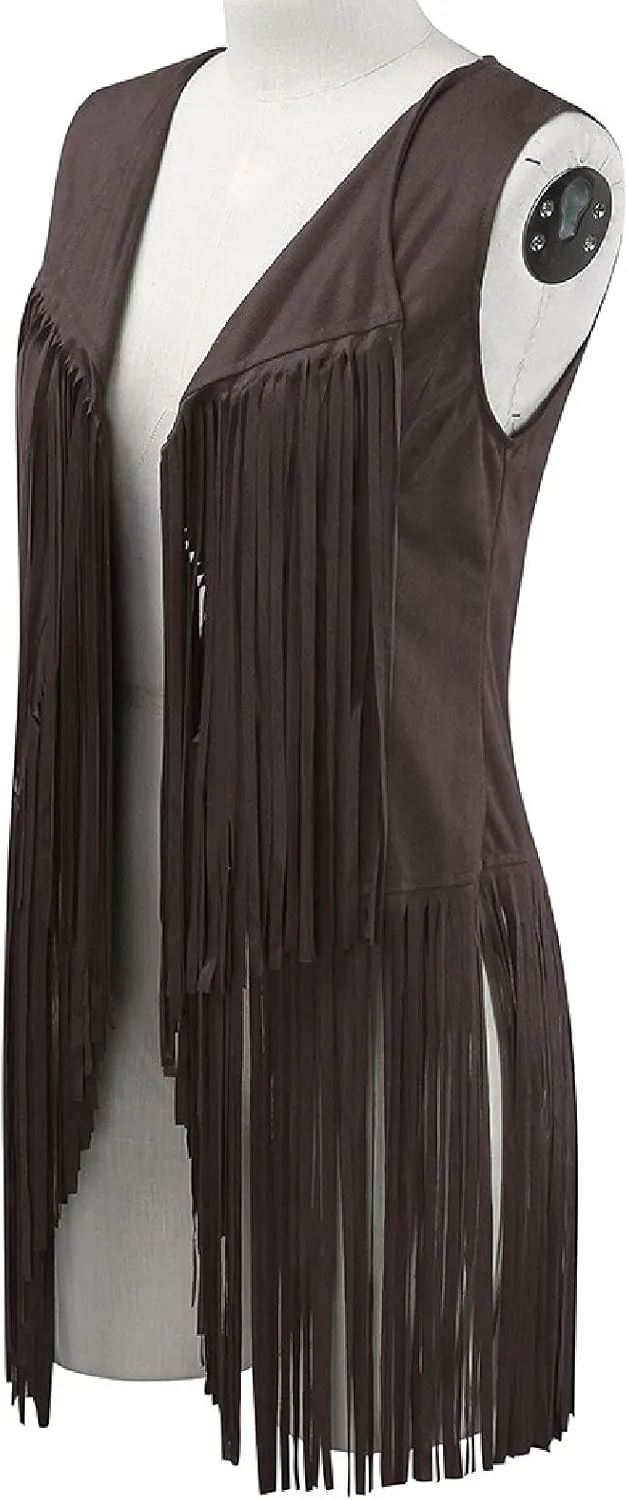Trendy Faux Suede Fringe Jacket for Women 70s Hippie Cardigans Vest Motorcycle Tassels Sleeveless Coats