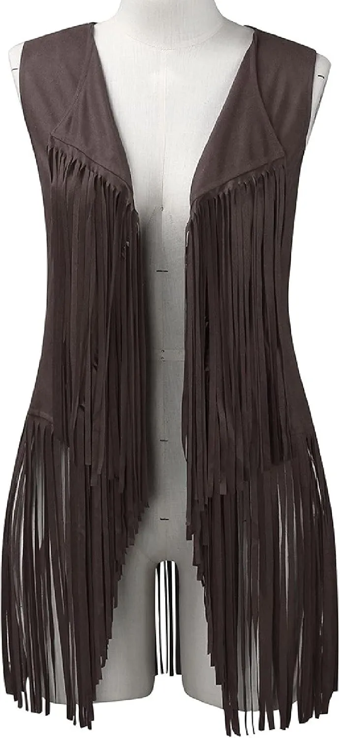 Trendy Faux Suede Fringe Jacket for Women 70s Hippie Cardigans Vest Motorcycle Tassels Sleeveless Coats