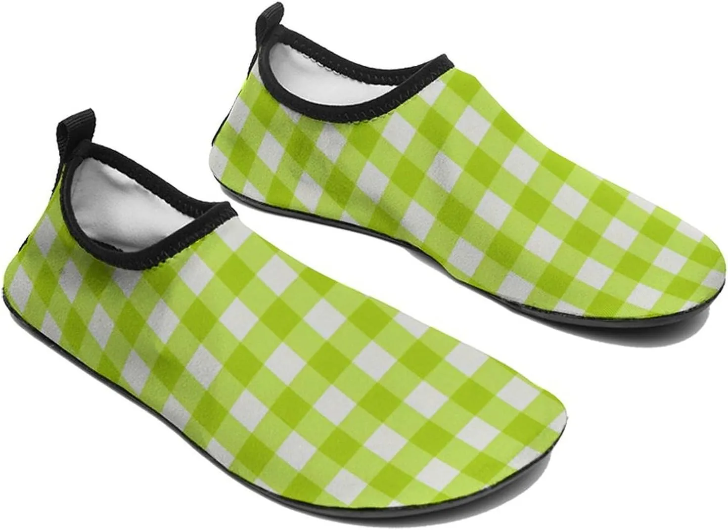 Trendy Lime Green Gingham Checkered Pattern Men Women Water Shoes Quick-Dry Aqua Socks Barefoot Slip-on for Beach Swim Sport Surf Yoga Exercise