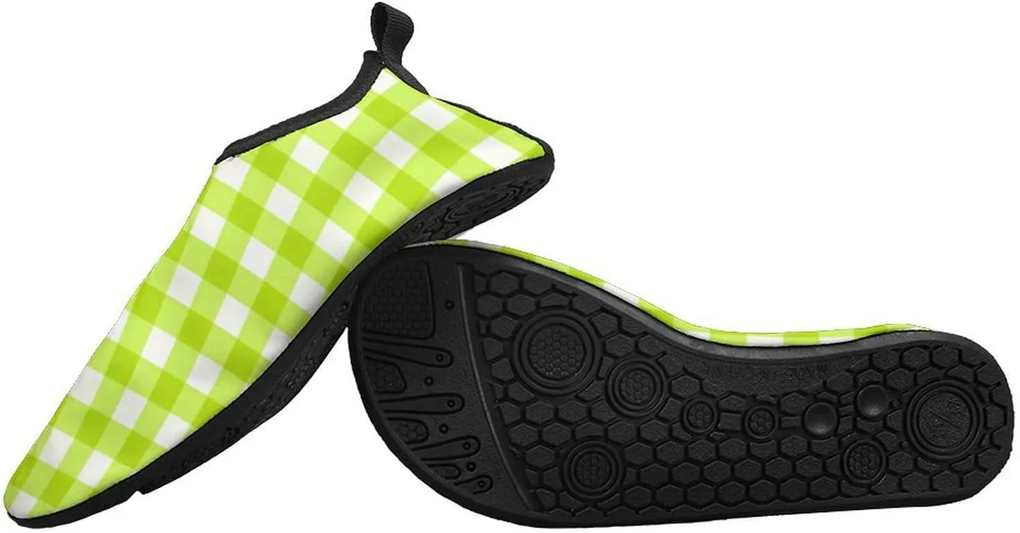 Trendy Lime Green Gingham Checkered Pattern Men Women Water Shoes Quick-Dry Aqua Socks Barefoot Slip-on for Beach Swim Sport Surf Yoga Exercise