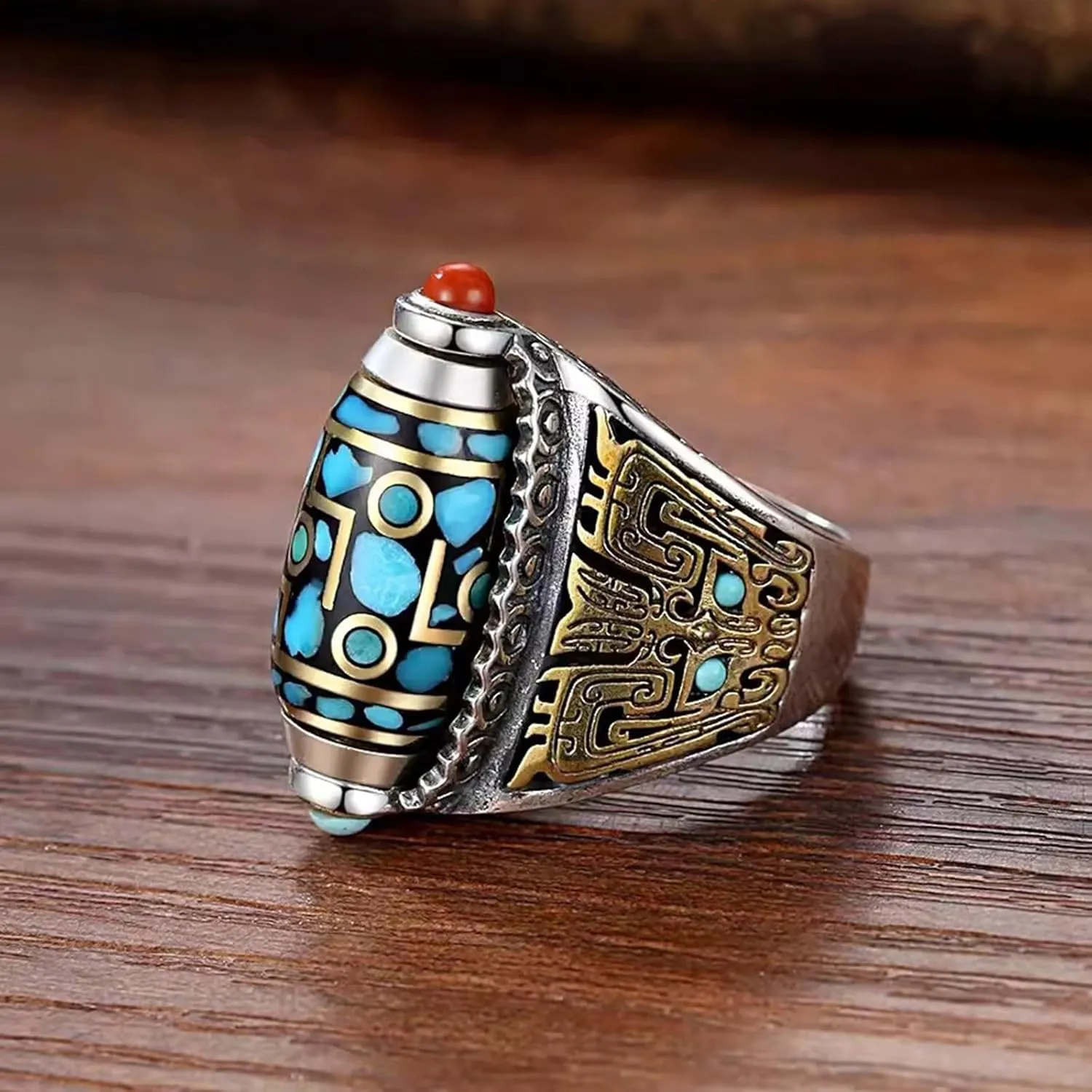 Turquoise Six-Character Mantra Nine-Eyed Dzi Bead Ring Six-Character Mantra Bead Bracelet Tibetan Feng Shui Rings Moissanite Rings for Women