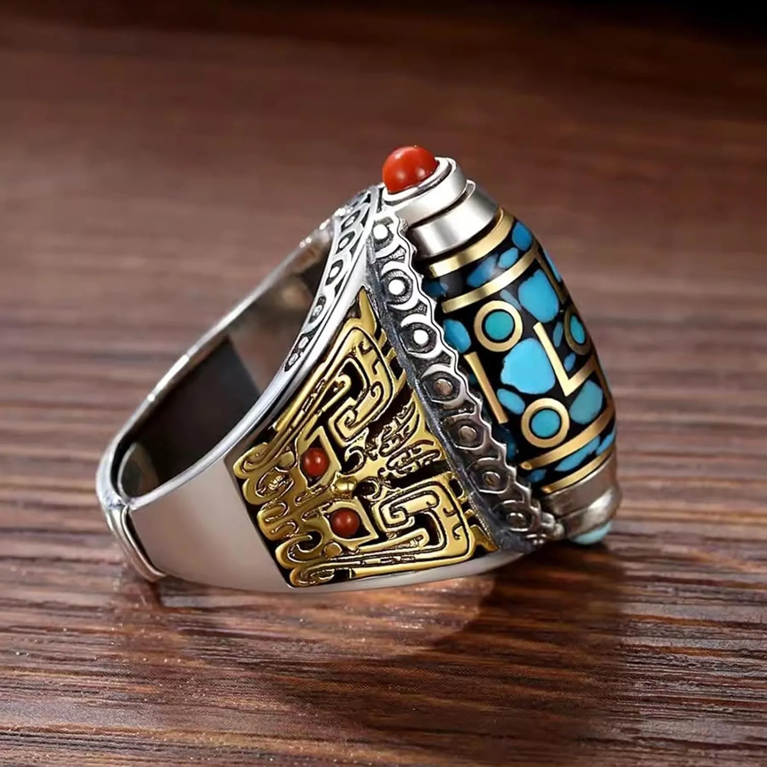 Turquoise Six-Character Mantra Nine-Eyed Dzi Bead Ring Six-Character Mantra Bead Bracelet Tibetan Feng Shui Rings Moissanite Rings for Women