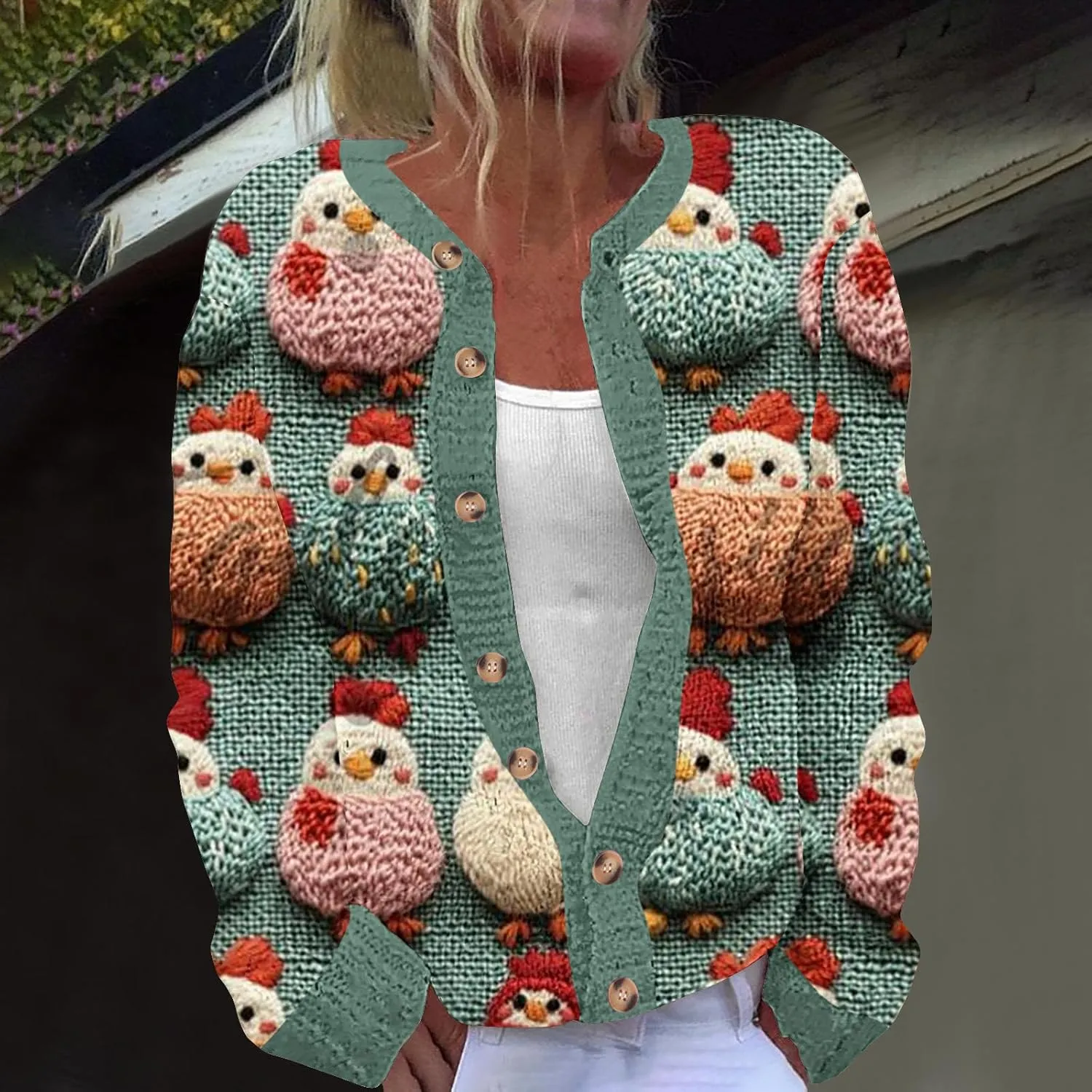 Ugly Christmas Cardigan Sweater for Women Oversized Knit Open Front Tops Xmas Print Button Down Cardigan
