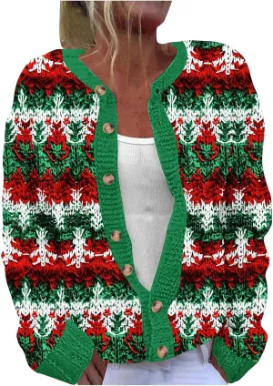 Ugly Christmas Cardigan Sweater for Women Oversized Knit Open Front Tops Xmas Print Button Down Cardigan