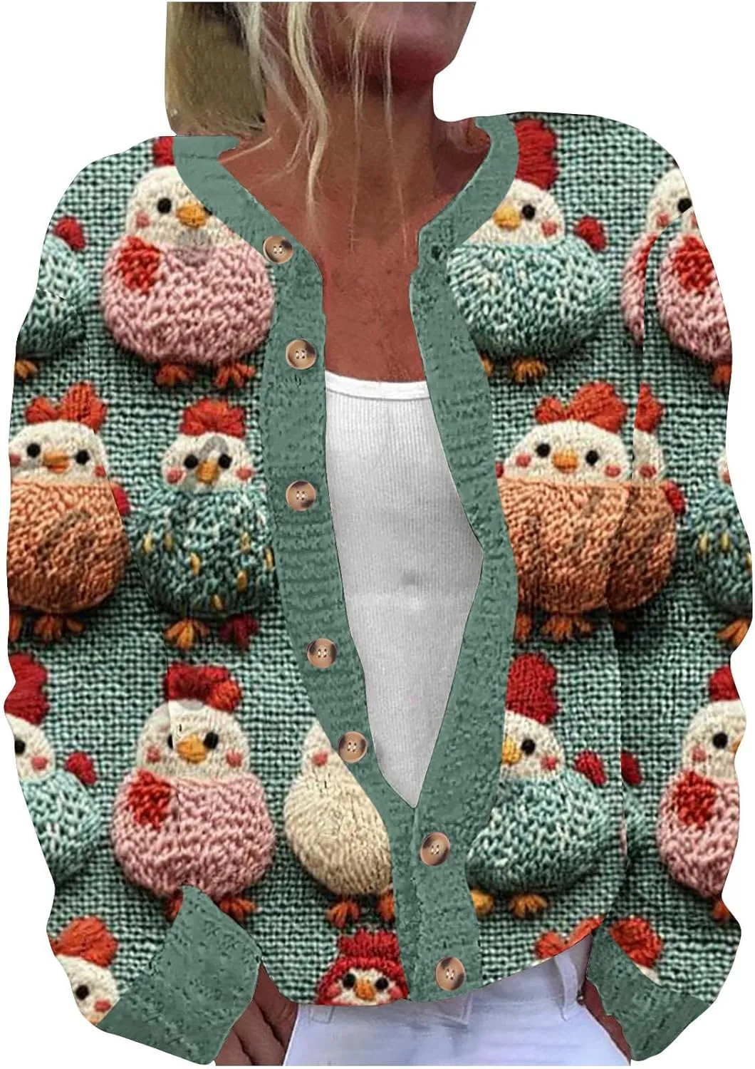 Ugly Christmas Cardigan Sweater for Women Oversized Knit Open Front Tops Xmas Print Button Down Cardigan