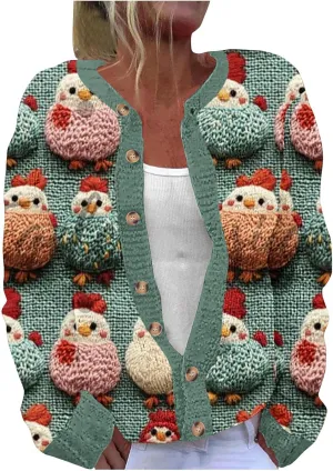 Ugly Christmas Cardigan Sweater for Women Oversized Knit Open Front Tops Xmas Print Button Down Cardigan