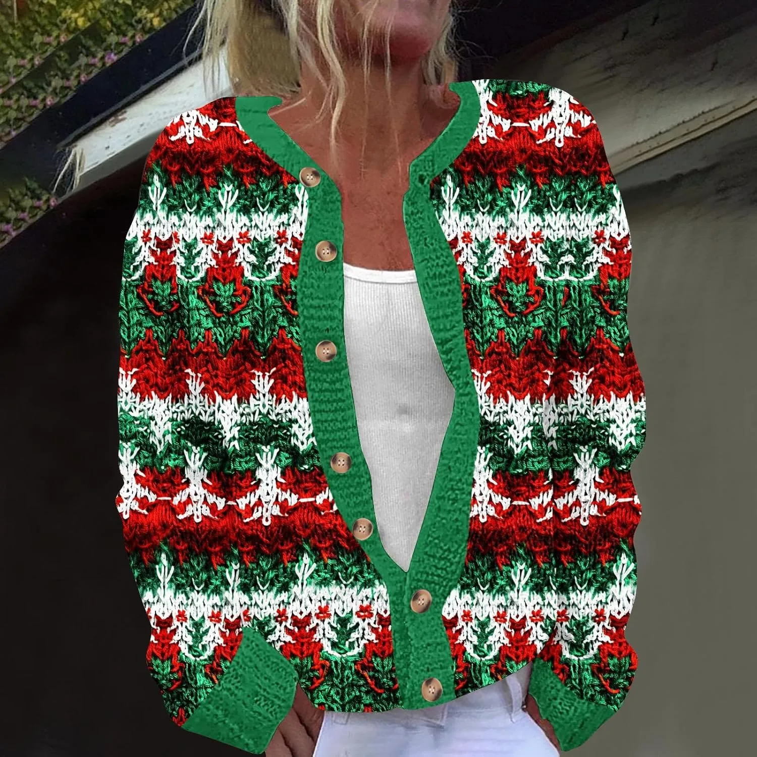 Ugly Christmas Cardigan Sweater for Women Oversized Knit Open Front Tops Xmas Print Button Down Cardigan