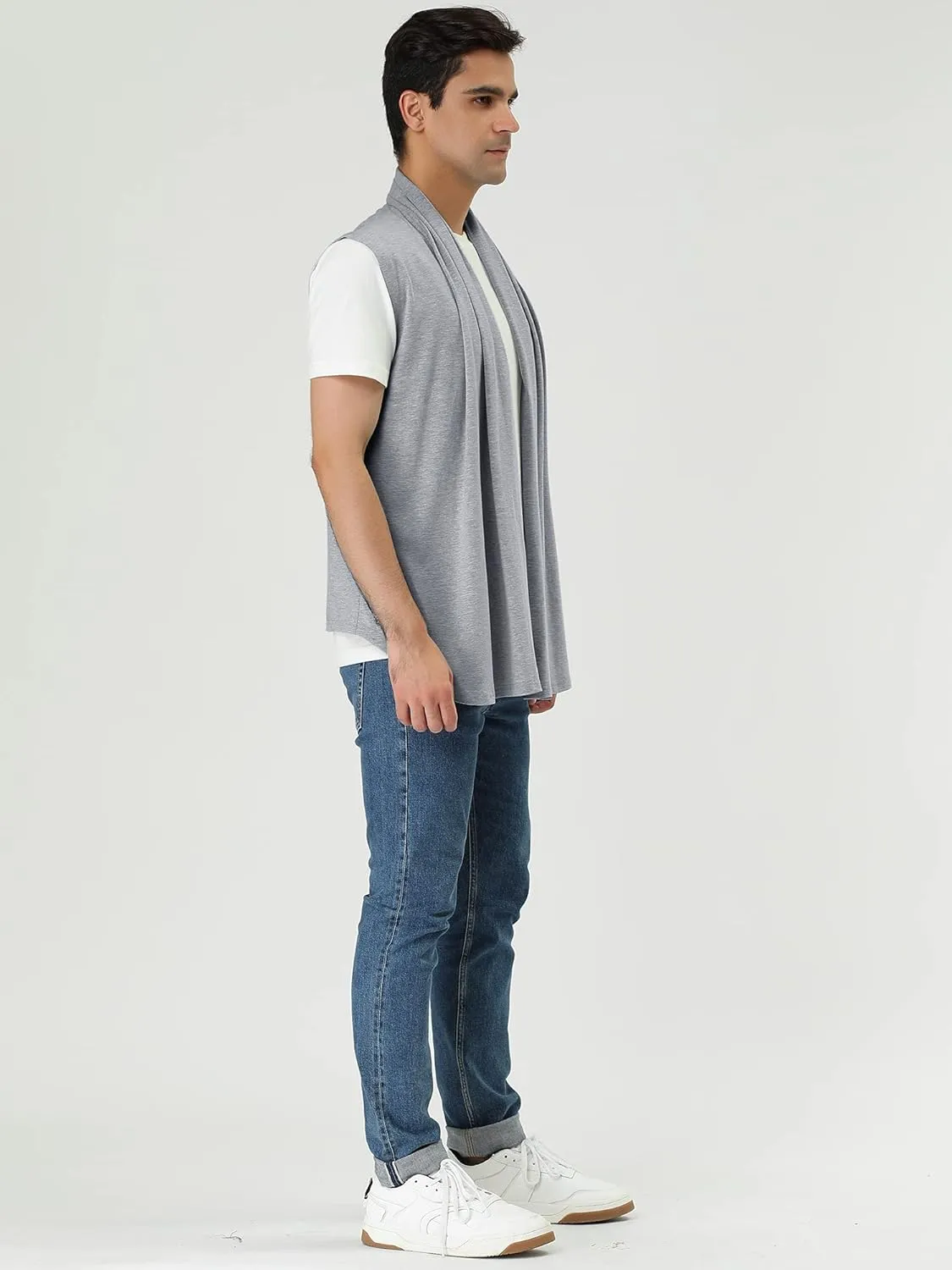 uxcell Men's Ruffle Shawl Collar Lightweight Vest Drape Cape Sleeveless Cardigan