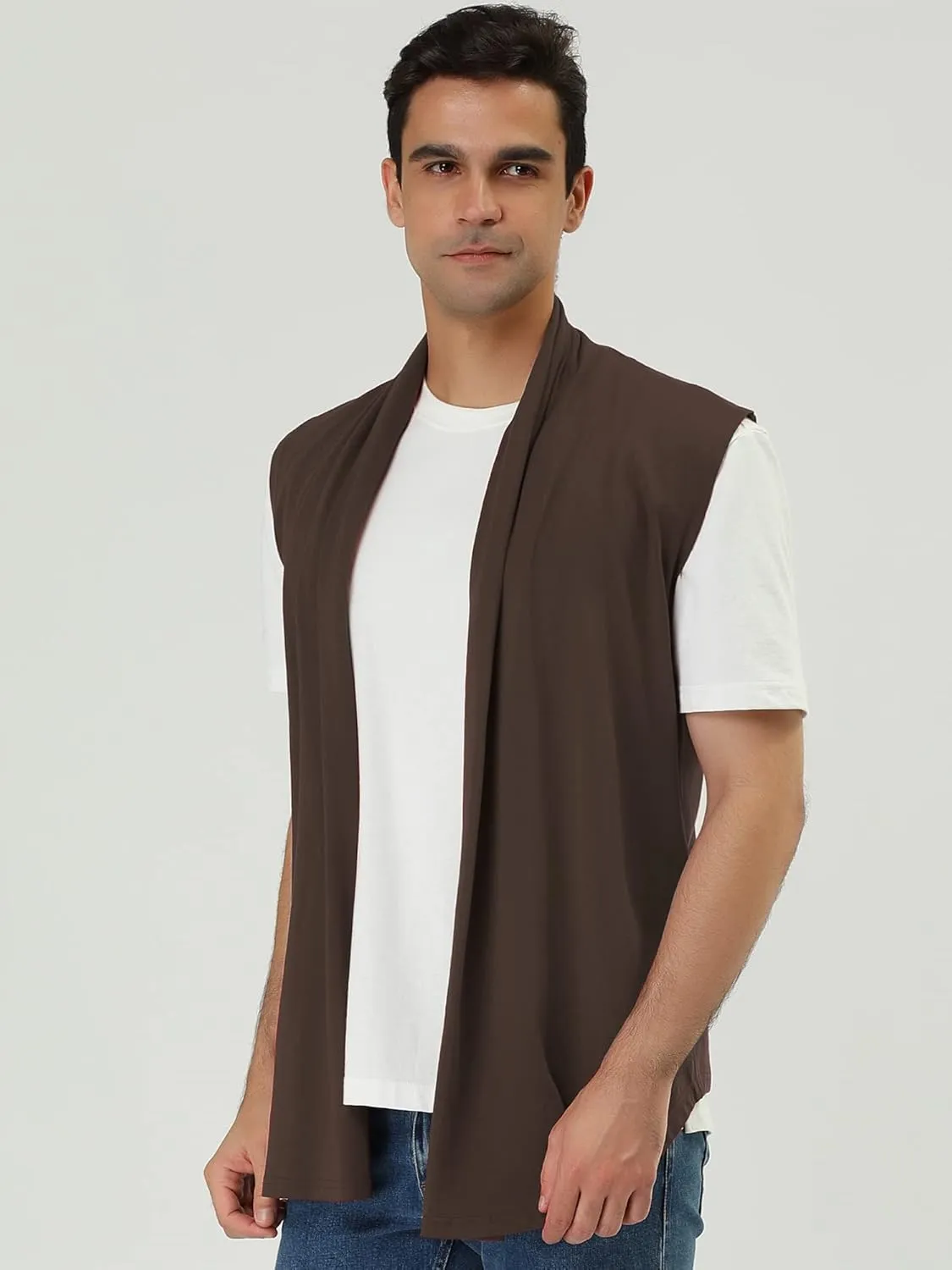 uxcell Men's Ruffle Shawl Collar Lightweight Vest Drape Cape Sleeveless Cardigan