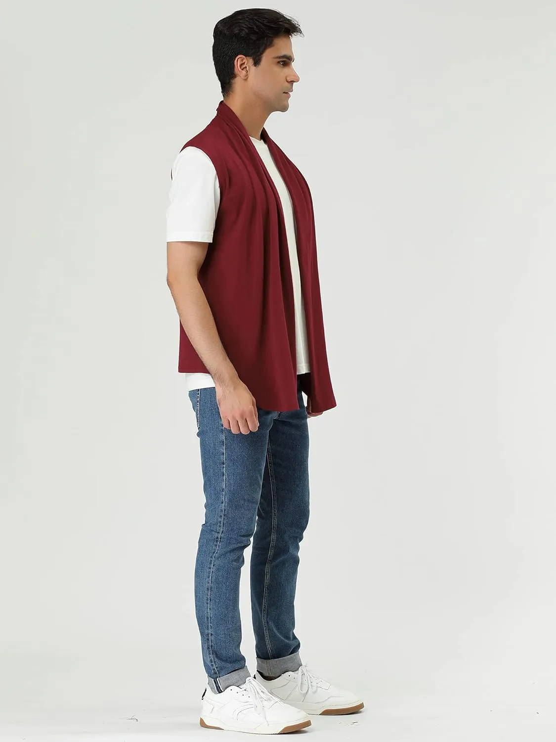 uxcell Men's Ruffle Shawl Collar Lightweight Vest Drape Cape Sleeveless Cardigan