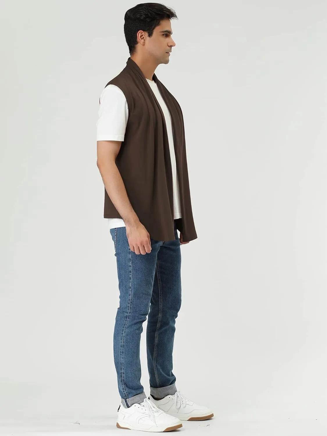 uxcell Men's Ruffle Shawl Collar Lightweight Vest Drape Cape Sleeveless Cardigan