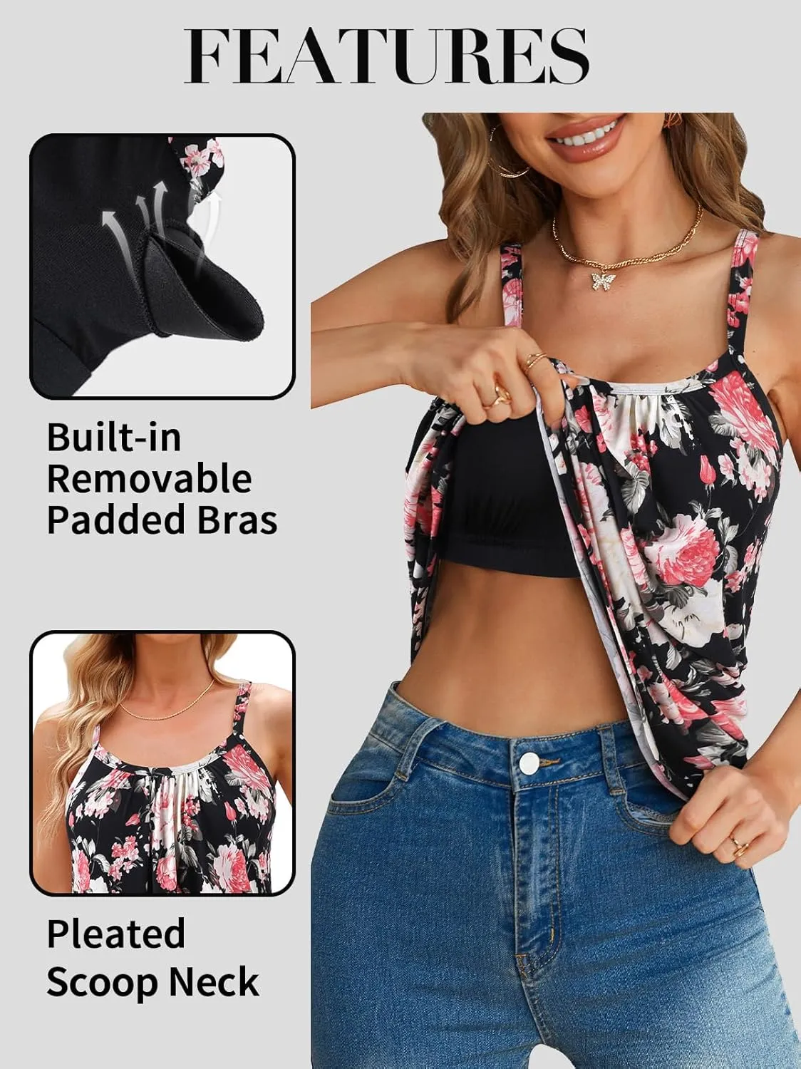 V FOR CITY Camisole Top for Women with Built in Bra Adjustable Strap Tank Top Summer Loose Fit Cami Shirt S-3XL