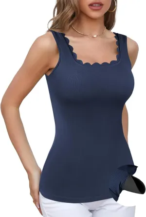 V FOR CITY Women Square Neck Tank Tops with Built in Bras Scallop Trim Fitted Camisole Ribbed Summer Top