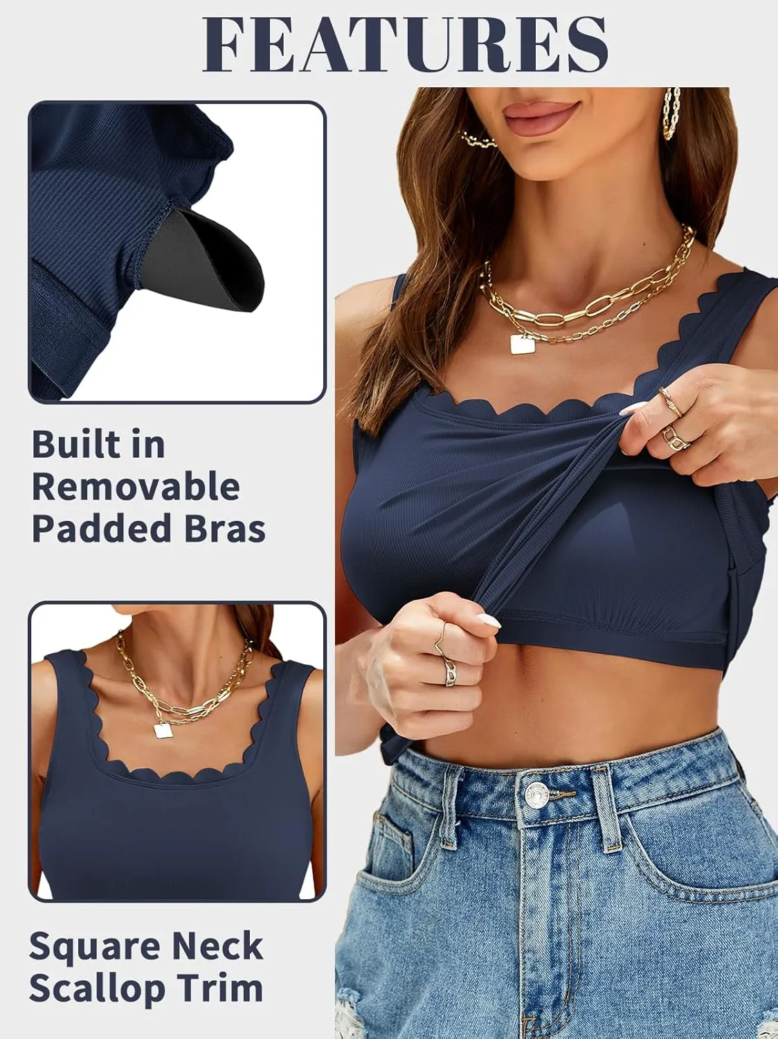 V FOR CITY Women Square Neck Tank Tops with Built in Bras Scallop Trim Fitted Camisole Ribbed Summer Top