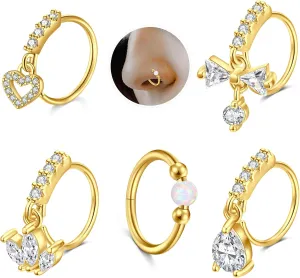 VCMART 18g Nose Rings for Women Stainless Steel Opal Clicker Hinged Hoops & Threadless Flat Back Studs Earrings Cartilage Helix Tragus Nose Nostril Piercing Jewelry 18 Gauge Silver Gold