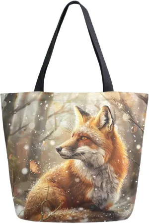 Vivid Pattern Extra Large Shoulder Grocery Tote Bag, Autumn Dew Forest Red Fox Canvas Daily Handle Bag for Gym Weekender Beach Travel Kitchen Reusable Market Shopping, ojk69745837p281c318s555