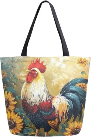 Vivid Pattern Extra Large Shoulder Grocery Tote Bag, Rooster Beautiful Sunflowers Canvas Daily Handle Bag for Gym Weekender Beach Travel Kitchen Reusable Market Shopping