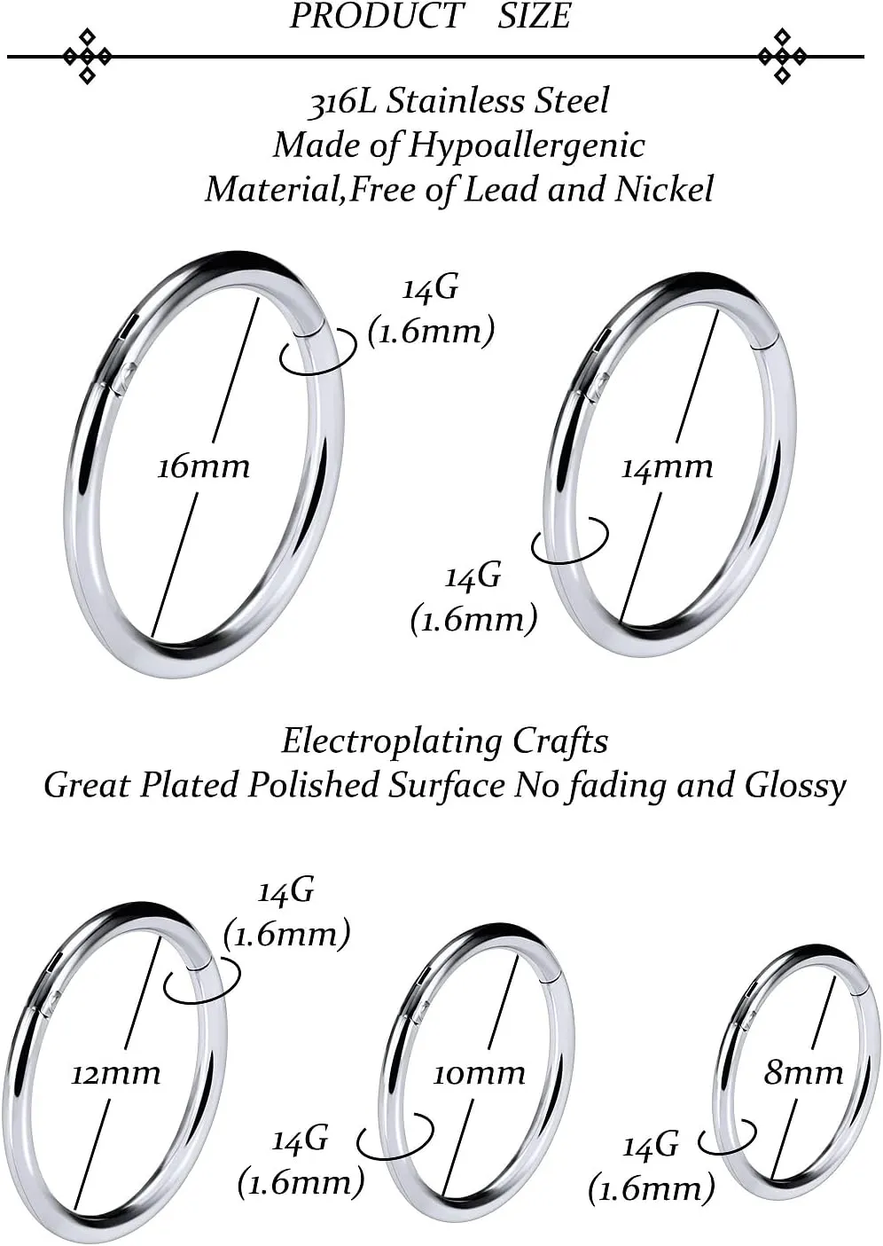 Vsnnsns 14G 16G Septum Nose Rings Hoops Lip Ring Piercing Jewelry 316L Surgical Steel Hinged Segment Clicker Cartilage Tragus Helix Conch Rook Daith Lobe Earrings Hoops Piercing Jewelry for Women Men