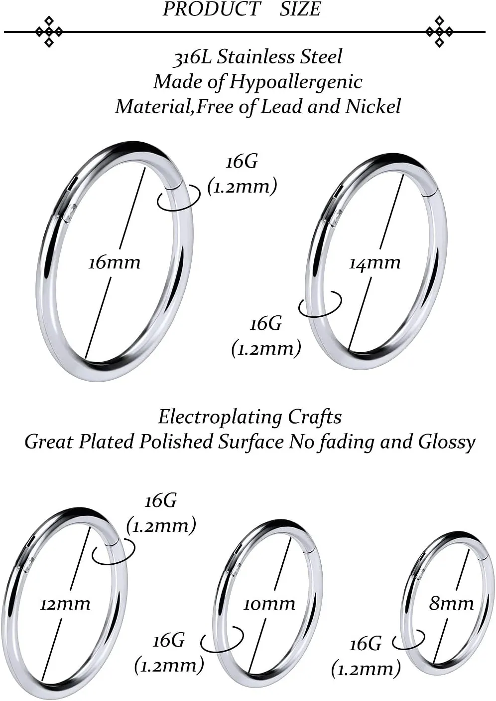 Vsnnsns 14G 16G Septum Nose Rings Hoops Lip Ring Piercing Jewelry 316L Surgical Steel Hinged Segment Clicker Cartilage Tragus Helix Conch Rook Daith Lobe Earrings Hoops Piercing Jewelry for Women Men