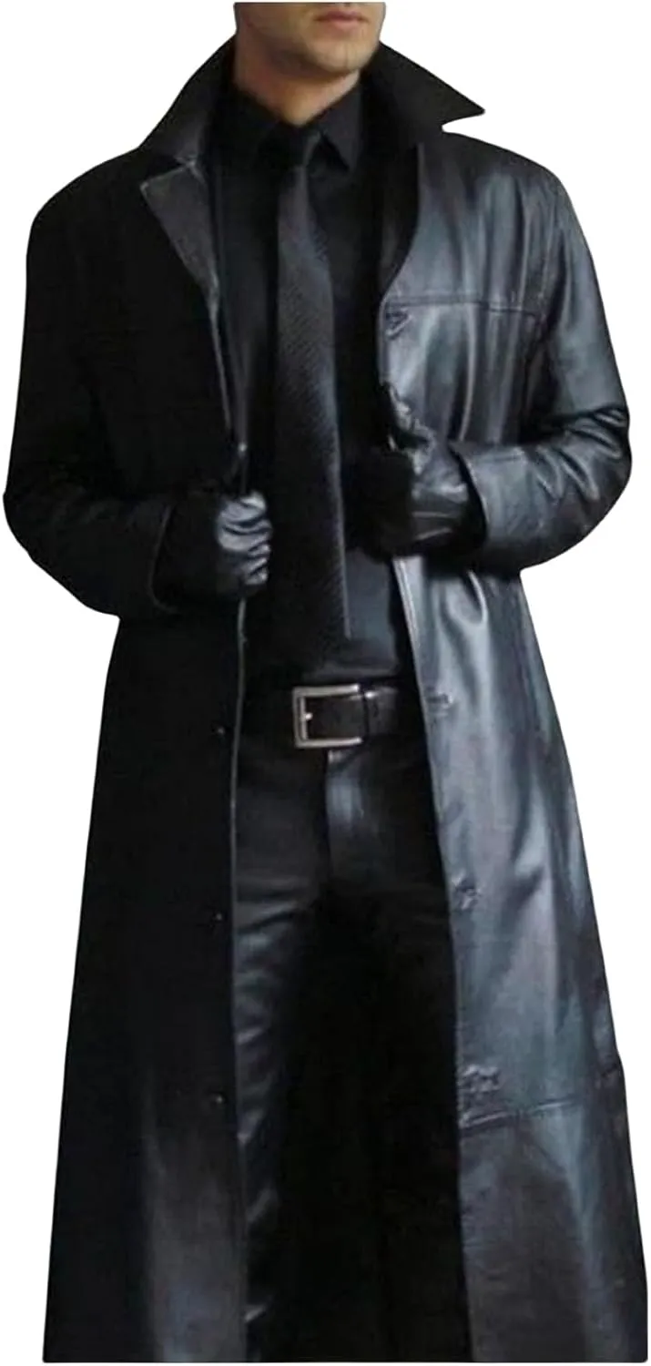 Wankang Mens Leather Trench Coat Full Length Classic Black Faux Leather Long Coat Steampunk Military Officer Uniform Overcoat