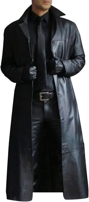 Wankang Mens Leather Trench Coat Full Length Classic Black Faux Leather Long Coat Steampunk Military Officer Uniform Overcoat