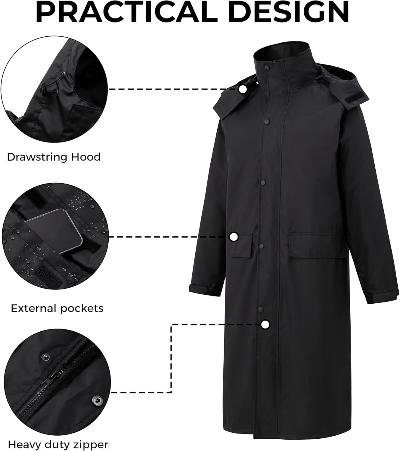 wantdo Mens Rain Jacket Waterproof with Hood Packable Long Rain Coat Lightweight Rainwear Raincoat