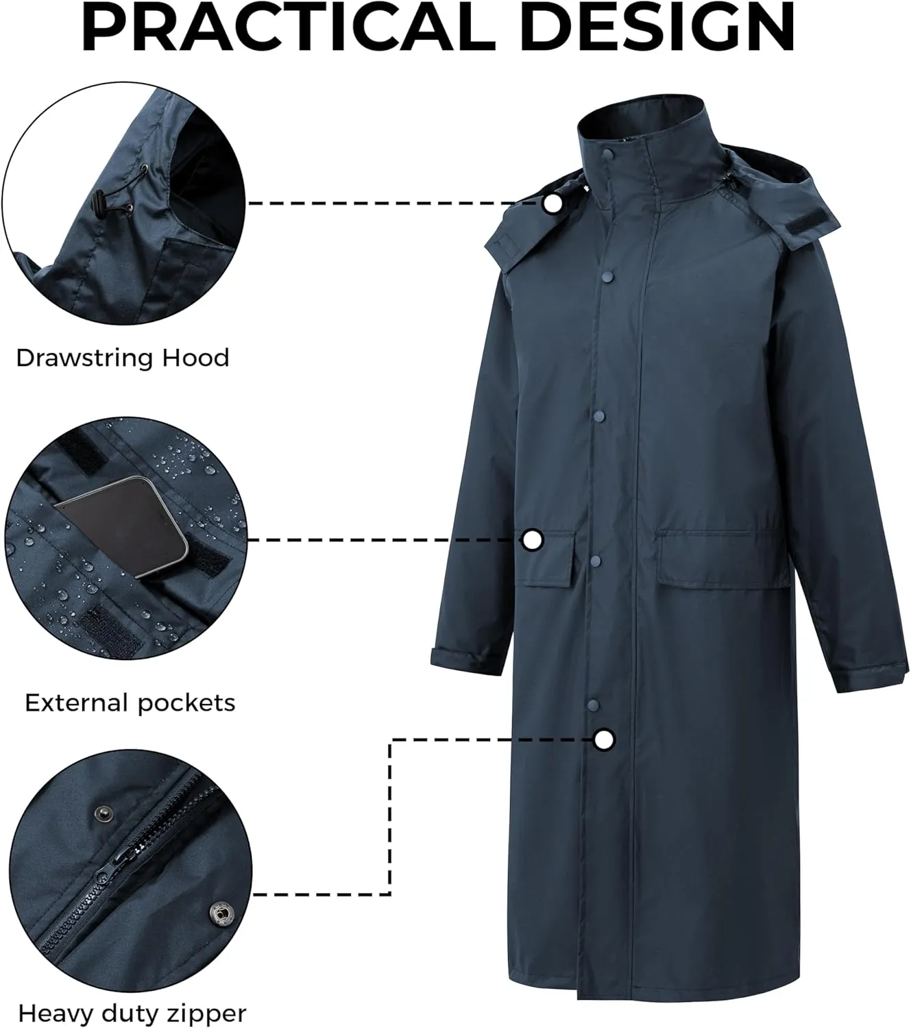 wantdo Mens Rain Jacket Waterproof with Hood Packable Long Rain Coat Lightweight Rainwear Raincoat