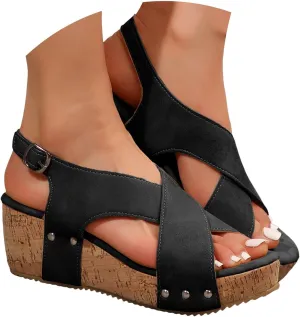 Wedges & Platform Slides,Womens Comfy Wedge Orthopedic Sandals Summer Cork Casual Strap Fish Mouth Comfortable Strappy Casual Shoes Non Slip-on Open Toe Thick Sole Leather Slingback Sandal