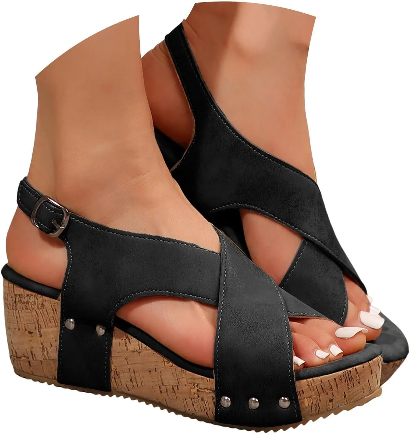 Wedges & Platform Slides,Womens Comfy Wedge Orthopedic Sandals Summer Cork Casual Strap Fish Mouth Comfortable Strappy Casual Shoes Non Slip-on Open Toe Thick Sole Leather Slingback Sandal