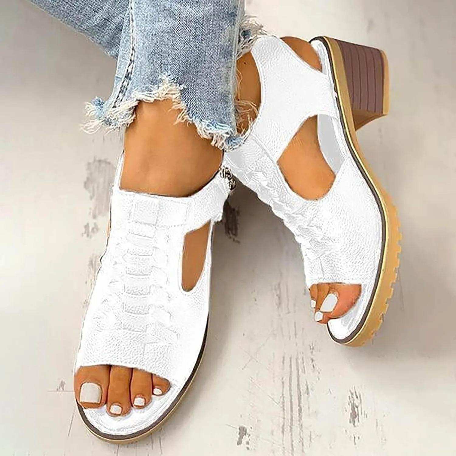 Wedges Sandals for Women Dressy 2025,Orthopedic Sandals for Women Leather Cutout Zipper Chunky Heeled Sandal Fashion Casual Chunky Heel Ankle Strap Fish Mouth Hollow Beach Heel Shoes