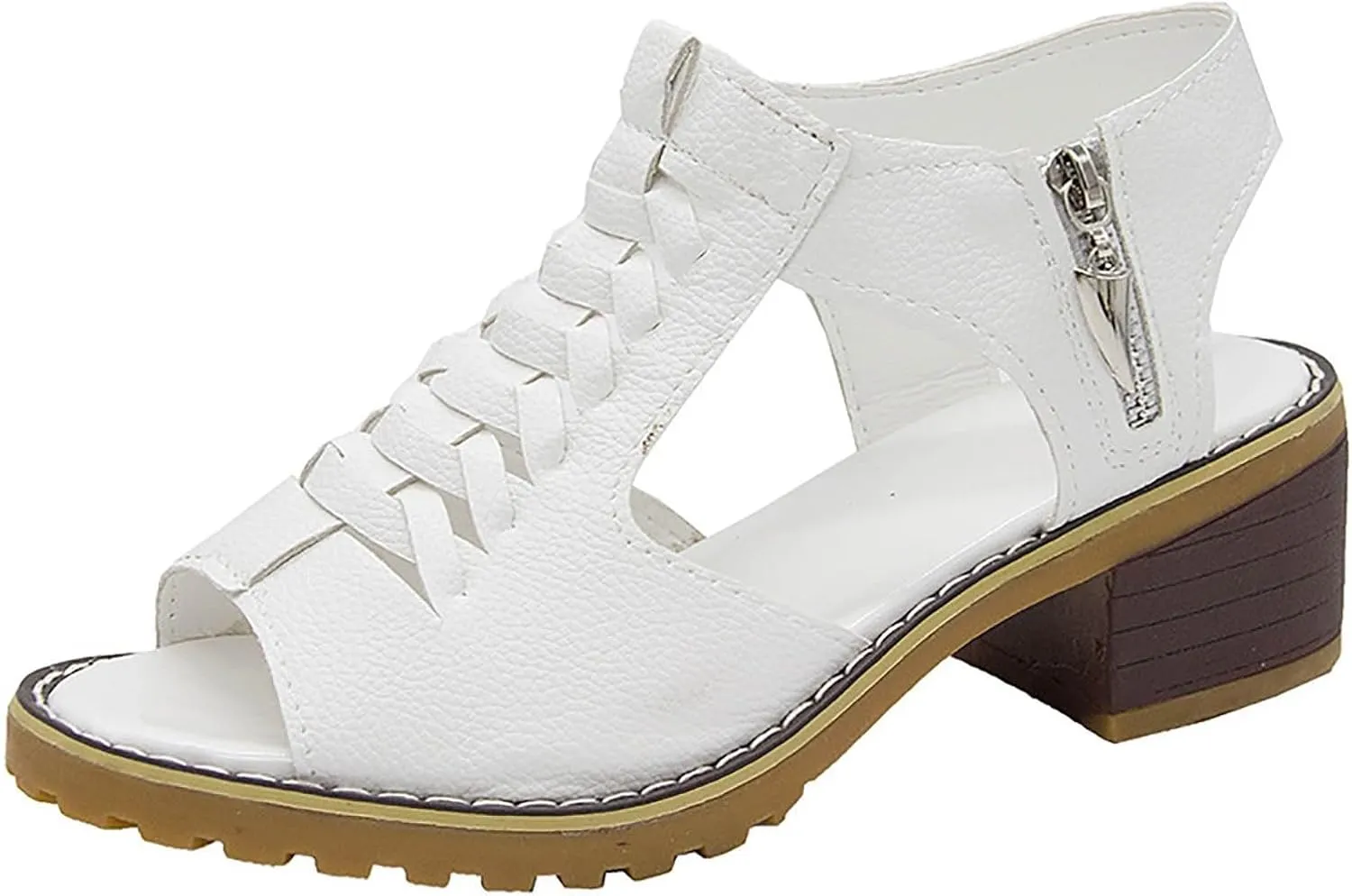 Wedges Sandals for Women Dressy 2025,Orthopedic Sandals for Women Leather Cutout Zipper Chunky Heeled Sandal Fashion Casual Chunky Heel Ankle Strap Fish Mouth Hollow Beach Heel Shoes
