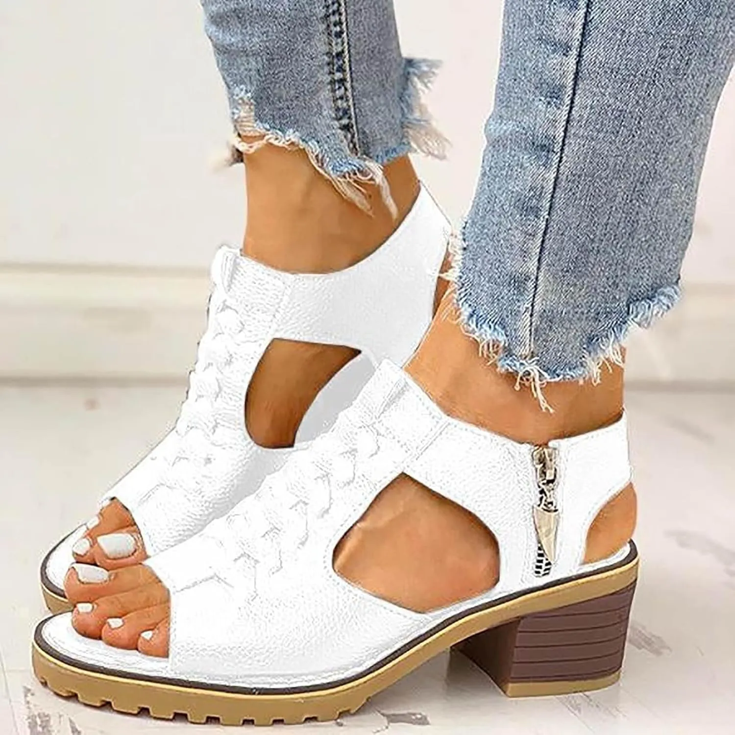 Wedges Sandals for Women Dressy 2025,Orthopedic Sandals for Women Leather Cutout Zipper Chunky Heeled Sandal Fashion Casual Chunky Heel Ankle Strap Fish Mouth Hollow Beach Heel Shoes
