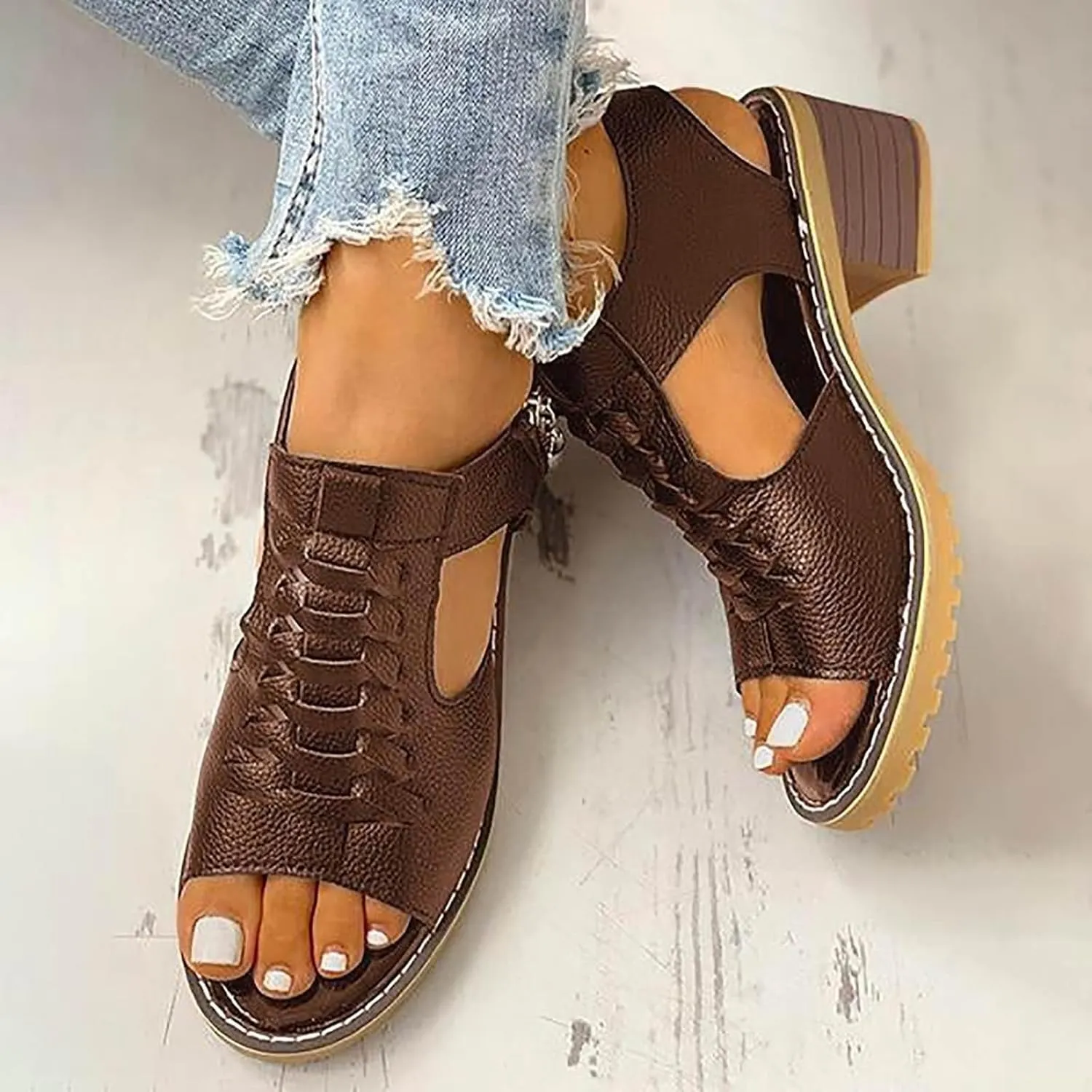 Wedges Sandals for Women Dressy 2025,Orthopedic Sandals for Women Leather Cutout Zipper Chunky Heeled Sandal Fashion Casual Chunky Heel Ankle Strap Fish Mouth Hollow Beach Heel Shoes