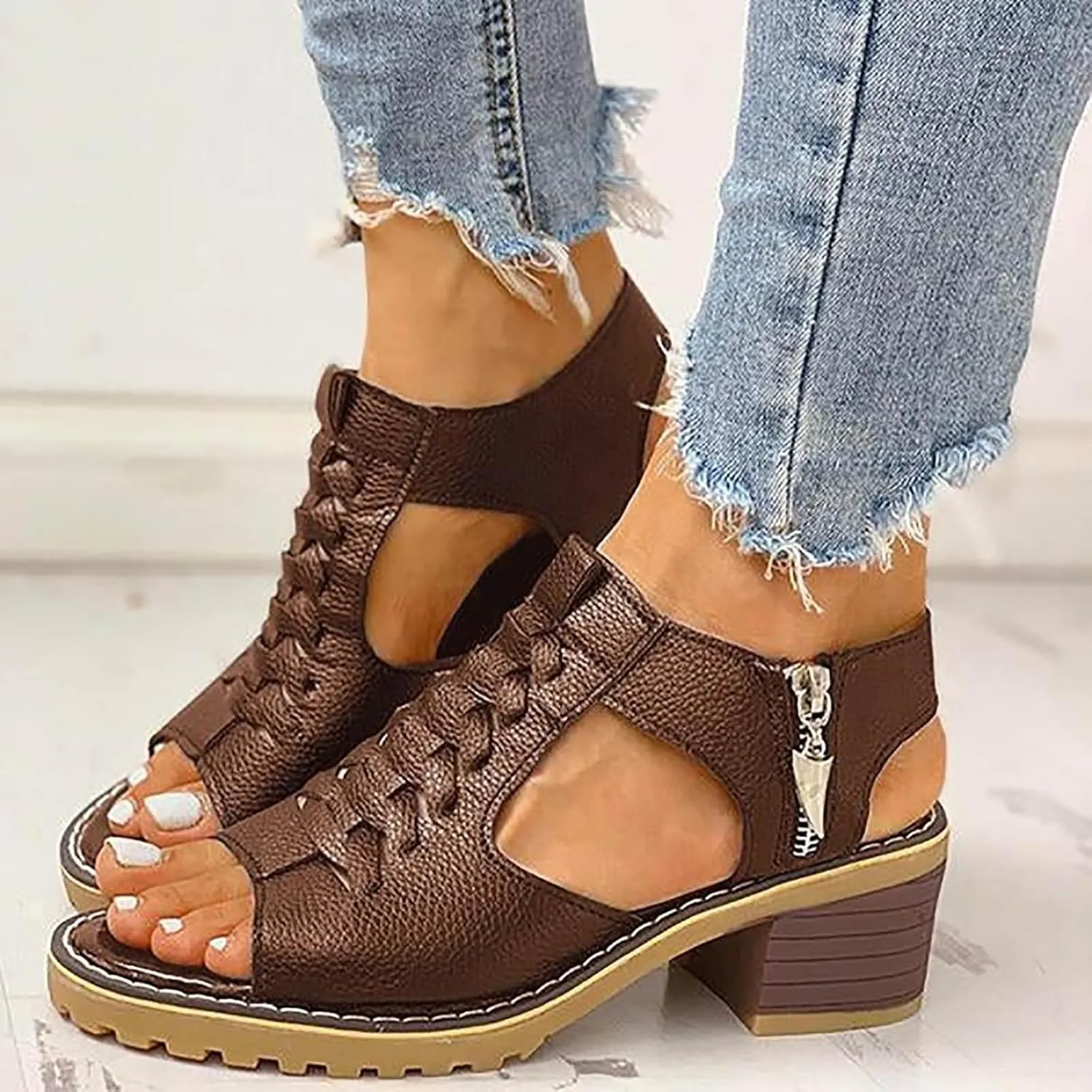 Wedges Sandals for Women Dressy 2025,Orthopedic Sandals for Women Leather Cutout Zipper Chunky Heeled Sandal Fashion Casual Chunky Heel Ankle Strap Fish Mouth Hollow Beach Heel Shoes