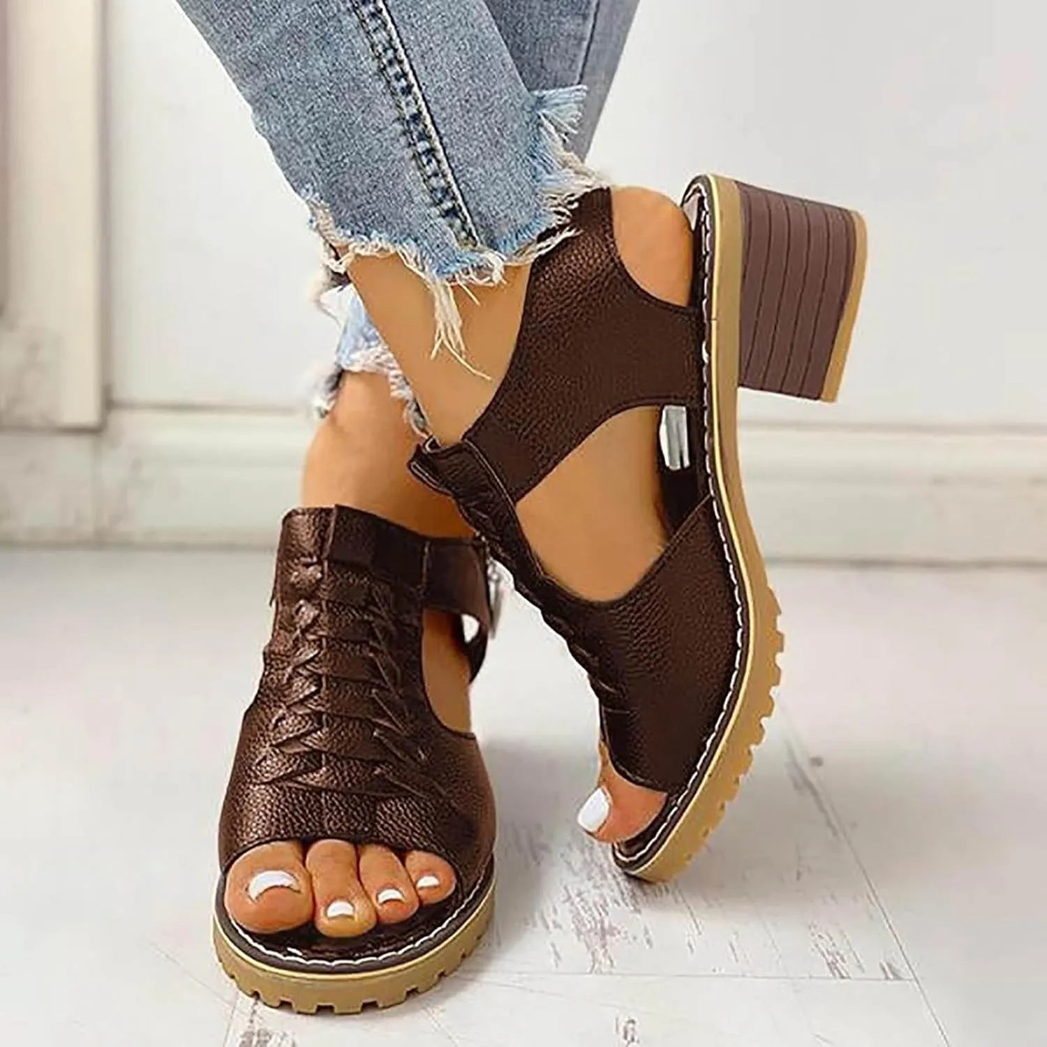 Wedges Sandals for Women Dressy 2025,Orthopedic Sandals for Women Leather Cutout Zipper Chunky Heeled Sandal Fashion Casual Chunky Heel Ankle Strap Fish Mouth Hollow Beach Heel Shoes