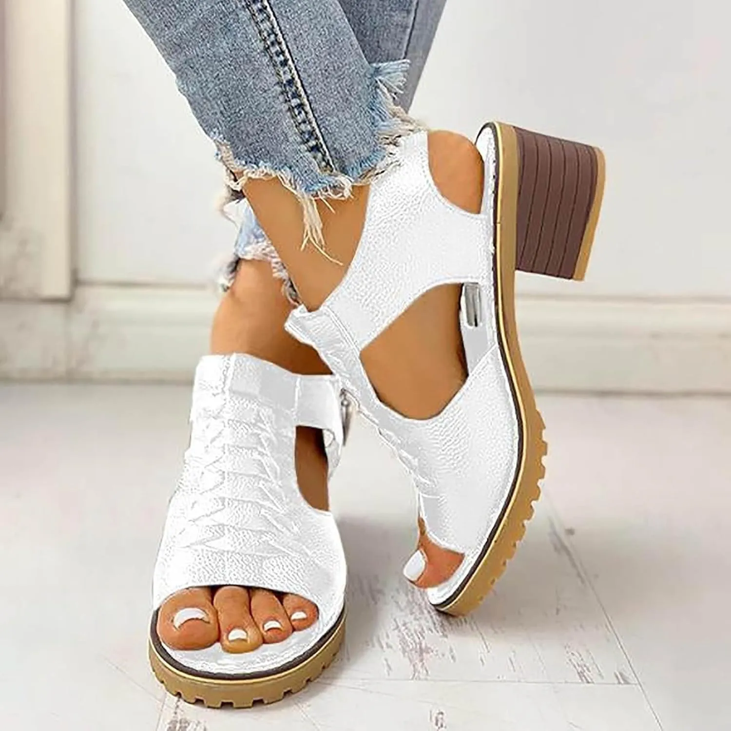 Wedges Sandals for Women Dressy 2025,Orthopedic Sandals for Women Leather Cutout Zipper Chunky Heeled Sandal Fashion Casual Chunky Heel Ankle Strap Fish Mouth Hollow Beach Heel Shoes