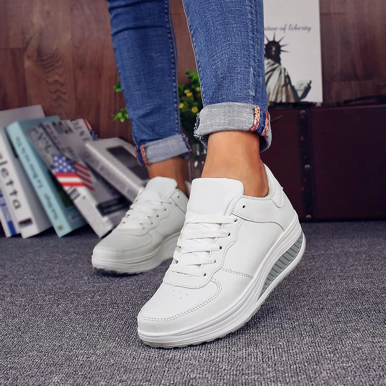 White Wide Width Casual Sneakers Women Cute Black Shoes for Women Womens Casual Shoes Slip On Loafers Silver Wedge Sneakers for Women Dressy Zapatos De Mujer CModos Bajos para Fiesta Cerrados