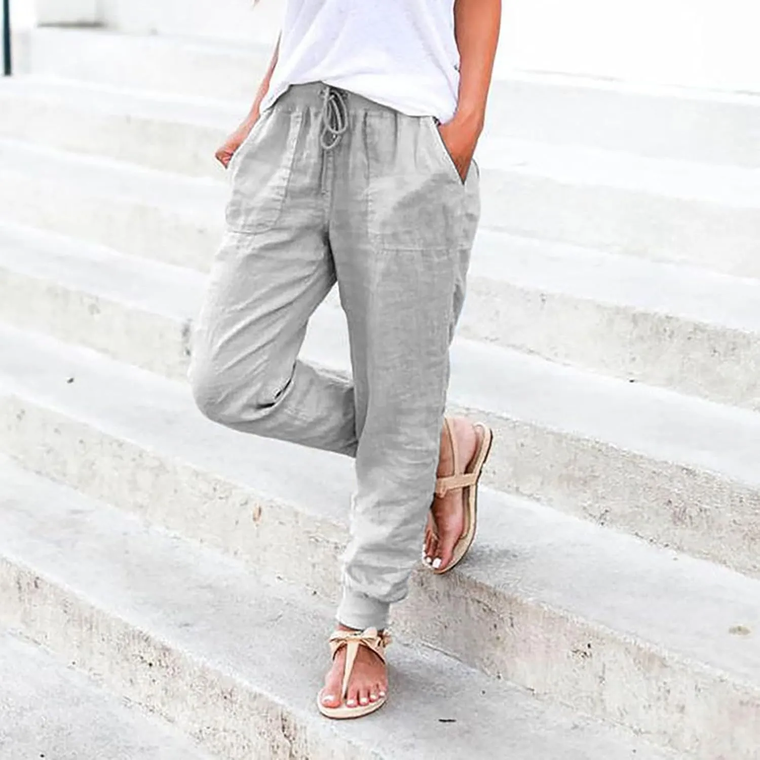 Wide Leg Summer Pants Women 2024 Petite High Waist Pants Pull On Cropped Tapered Linen Drawstring Trouser Pocketed