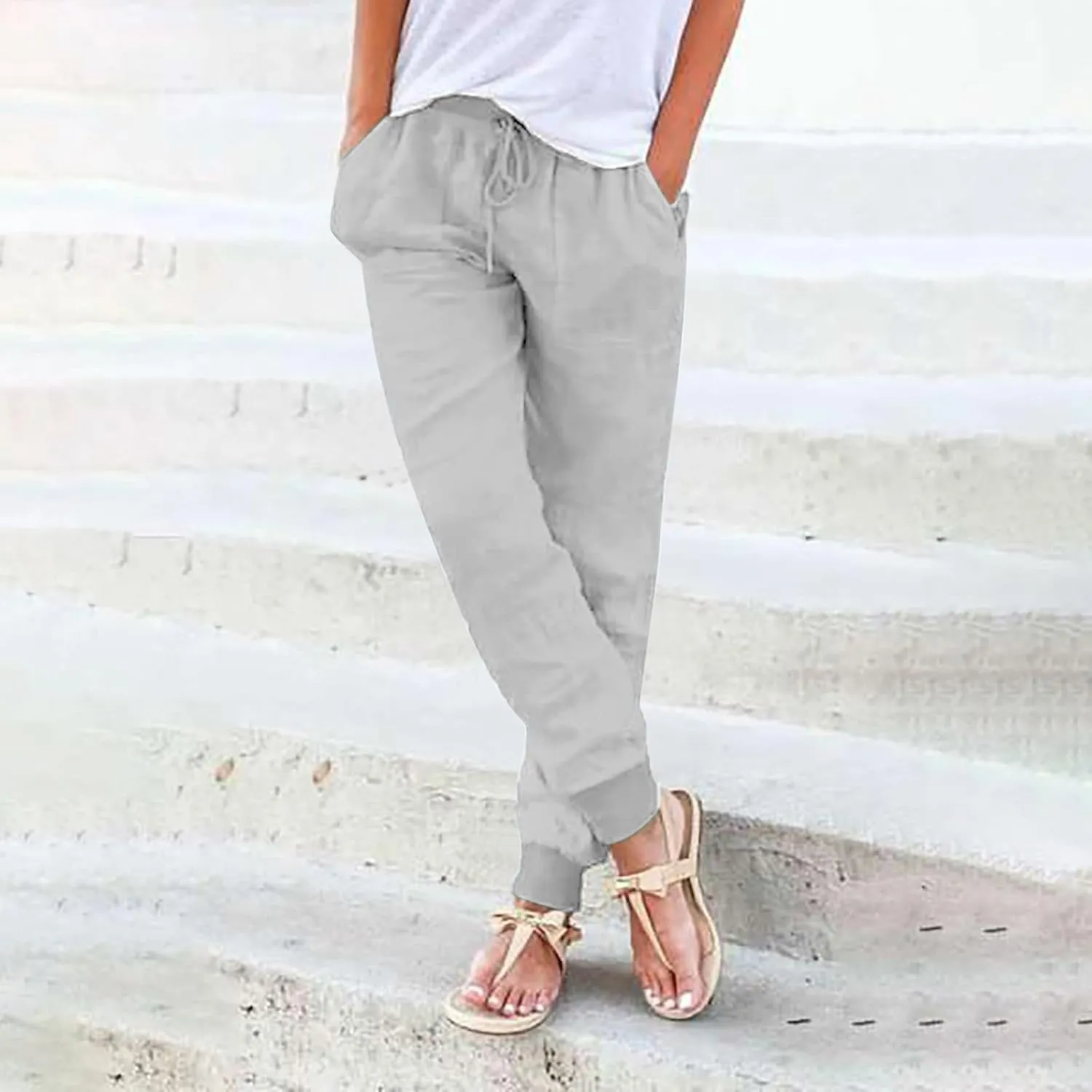 Wide Leg Summer Pants Women 2024 Petite High Waist Pants Pull On Cropped Tapered Linen Drawstring Trouser Pocketed