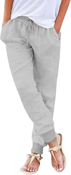 Wide Leg Summer Pants Women 2024 Petite High Waist Pants Pull On Cropped Tapered Linen Drawstring Trouser Pocketed