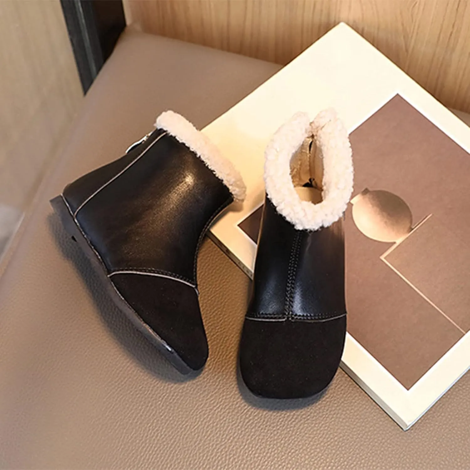 Winter Children Boots Boys And Girls Ankle Boots Flat Bottom Flat Heel Round Little Girls Insulated Rubber