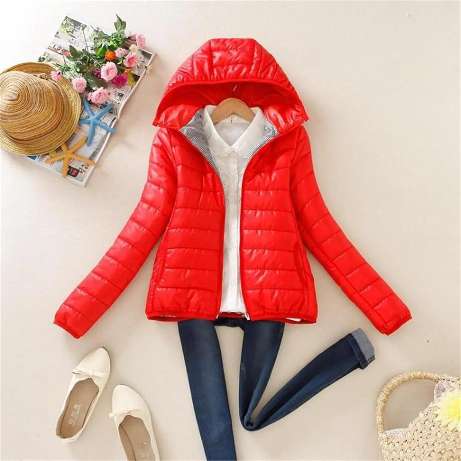 Winter Jackets for Women Trendy Warm Lightweight Puffer Coats Solid Quilted Full Zip Down Outerwear with Hood