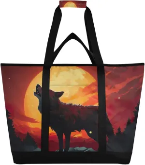 Wolf Orange Moon Tote Bag for Women with Zipper Reusable Grocery Bags Foldable Insulated Cooler Bag Shopping Bags Totes Handbags for Groceries Beach Travel Picnic Work