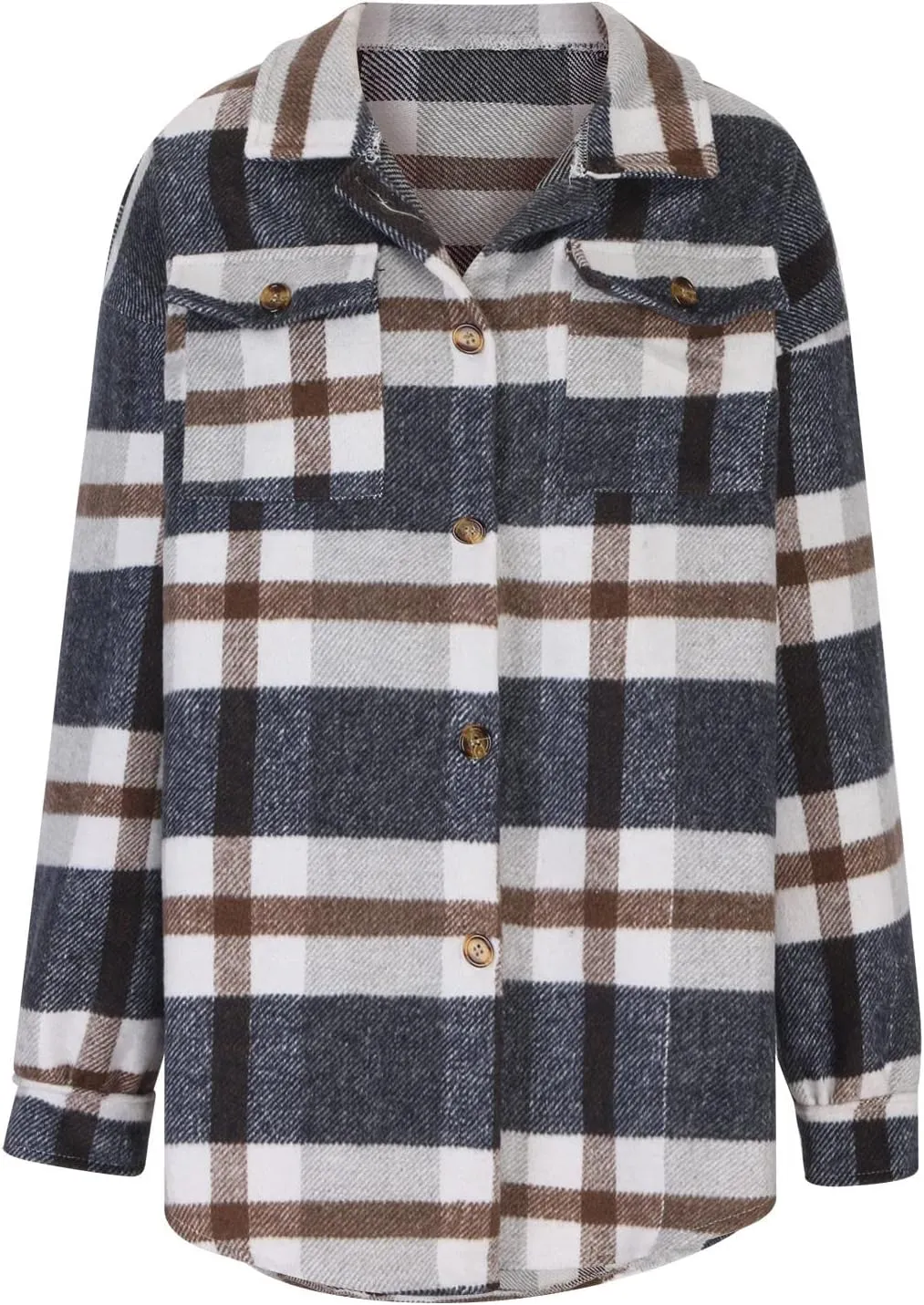 Women Fall Winter Woolen Coats Plaid Printed Shacket Jacket Long Sleeve Turn-Down Collar Suit Cardigan Coat