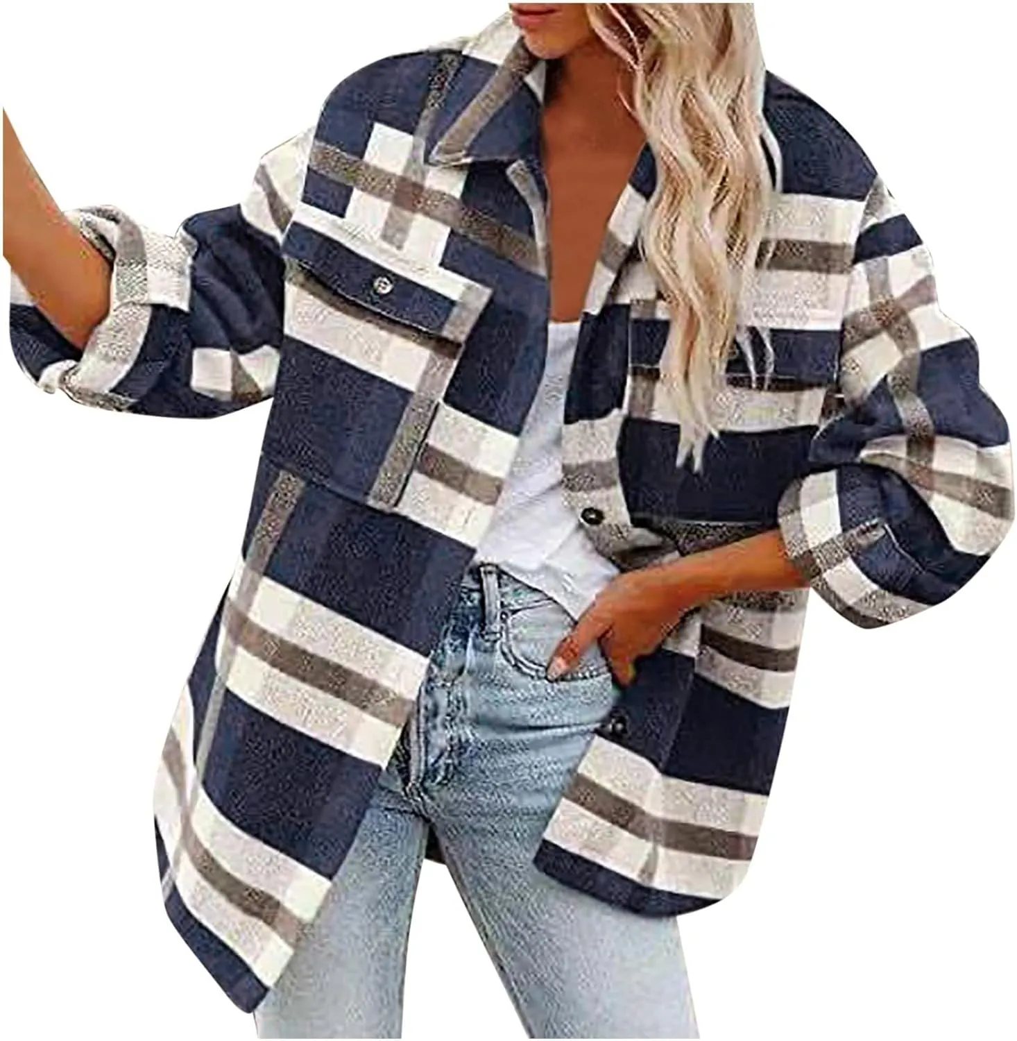 Women Fall Winter Woolen Coats Plaid Printed Shacket Jacket Long Sleeve Turn-Down Collar Suit Cardigan Coat