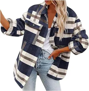 Women Fall Winter Woolen Coats Plaid Printed Shacket Jacket Long Sleeve Turn-Down Collar Suit Cardigan Coat