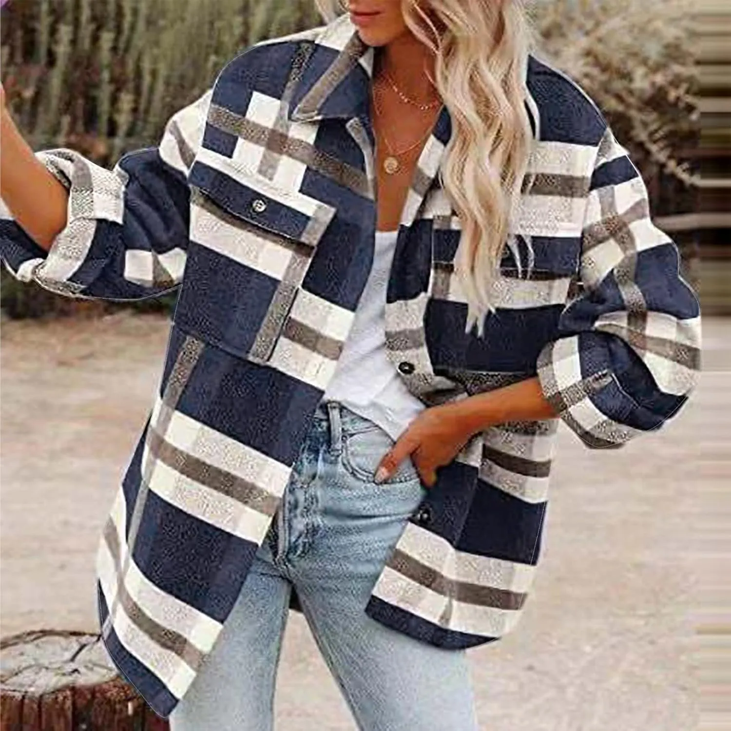 Women Fall Winter Woolen Coats Plaid Printed Shacket Jacket Long Sleeve Turn-Down Collar Suit Cardigan Coat