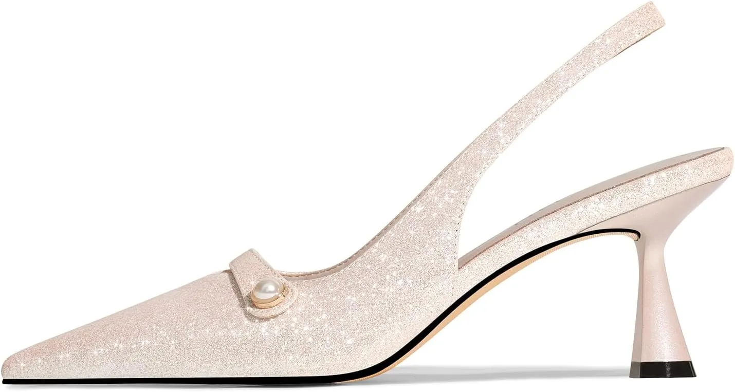 Women Kitten Heels Slingback Low Heel Pumps Dress Shoes for Women Closed Pointed Toe Pearl Heels for Work Wedding Bridal